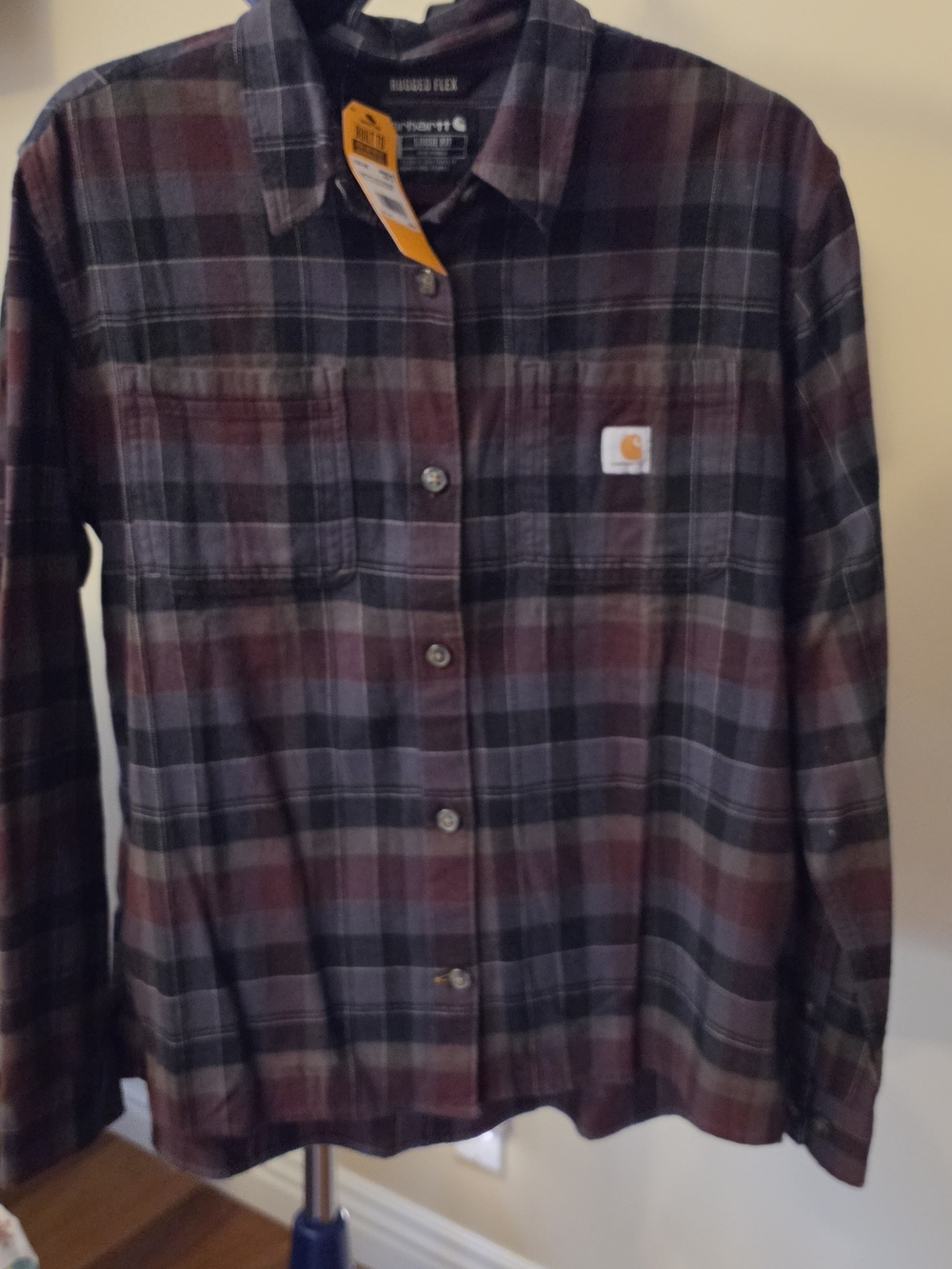 Carhartt Women's Burgundy and Black Plaid Button-Up Work Shirt